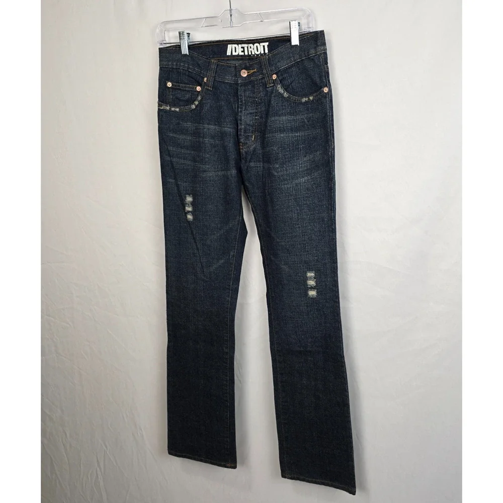 Detroit Denim Button Fly Jeans Men's 28 x 31 Blue Dark Wash Distressed EUC